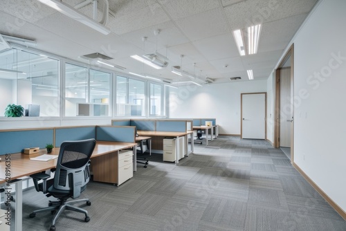 Interior of a modern office with blue walls and wooden floor. Nobody inside