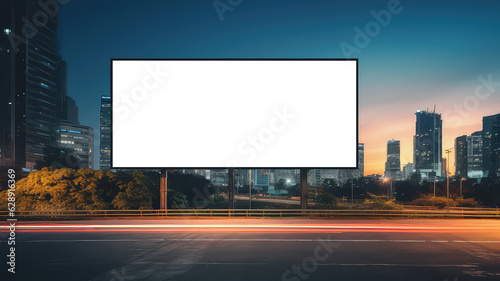 An empty huge poster mockup on the roof of a mall; white template placeholder of an advertising billboard on the rooftop, blank mock-up of an outdoor info banner (ai generated)