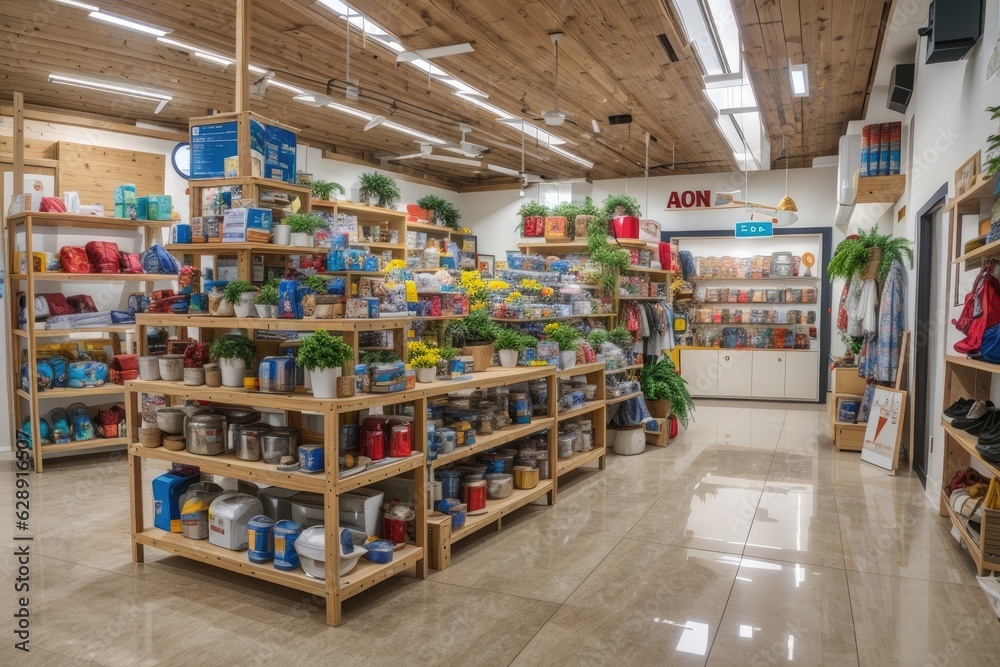 Interior of a hardware store with shelves full of household chemicals.