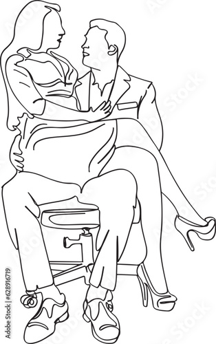 One-Line Drawing of Secretary Sitting on Boss's Lap, Continuous Line Drawing of Secretary and Boss, Office Romance in One Line
