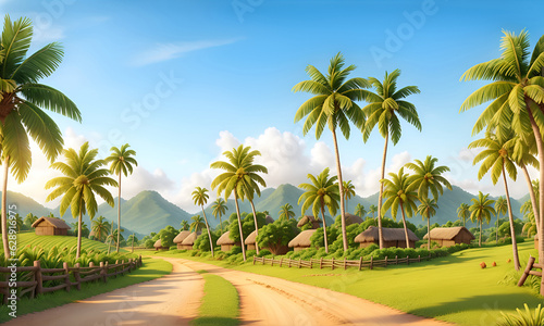 Spring landscape morning in village with green meadow on hills, orang and blue sky, Spring panorama view forest, wild flowers and sunset. Illustration style. coconut plantation with wooden house.