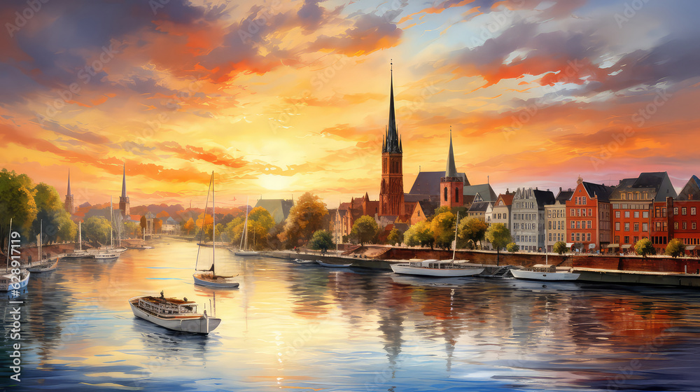 Obraz premium oil painting on canvas, Scenic summer evening view of the Old Town pier architecture in Lubeck, Germany. (ai generated)
