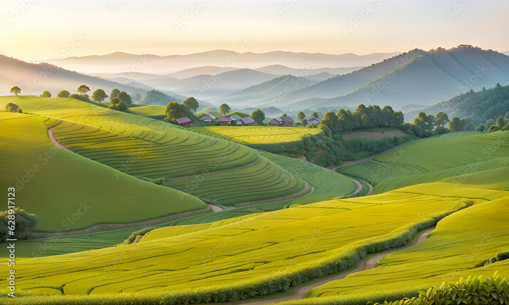 Tea plantation fields, cascade valley landscape with mount, scenery of meadows with mountains backdrop, terraced agriculture. Asian plants cultivation, coffee plantation fields in Illustration style