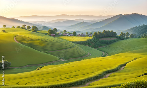 Tea plantation fields  cascade valley landscape with mount  scenery of meadows with mountains backdrop  terraced agriculture. Asian plants cultivation  coffee plantation fields in Illustration style