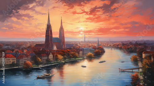 oil painting on canvas  Ulm Minster or Ulmer Munster Cathedral aerial panoramic view  a Lutheran church located in Ulm  Germany. It is currently the tallest church in the world.  ai generated 