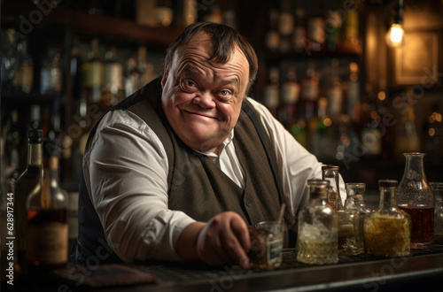 Portrait of a man with Down syndrome who fulfilled his dream by becoming a bartender. Generated Ai