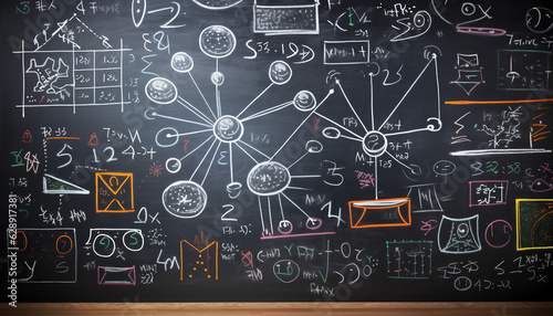 A chalkboard filled with formulas, equations, and diagrams