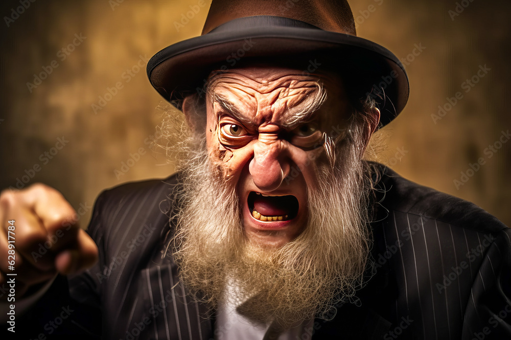 Dramatic portrait featuring an elderly rabbi with intense expression of ...