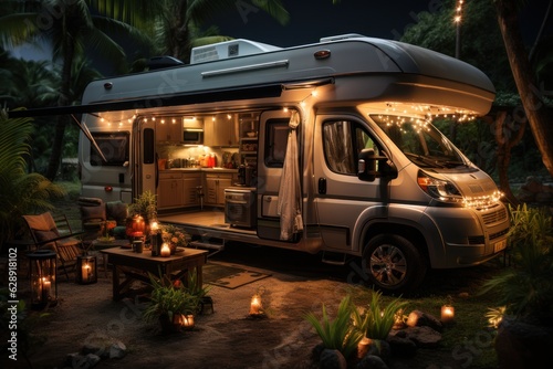 Motorhome in a vegetable garden with coconut trees, grills and fairy lights.
