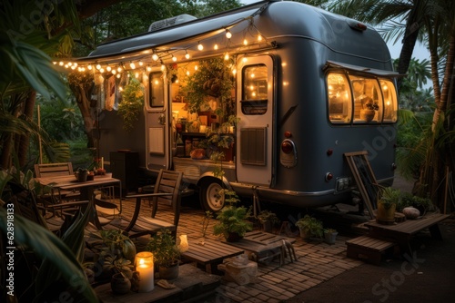 Motorhome in a vegetable garden with coconut trees, grills and fairy lights.
