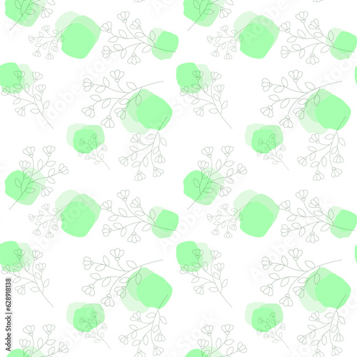Abstract seamless pattern. contours of green branches with flowers and leaves on a light background with green elements. aesthetic outline. Great design for social networks  postcards  print. 