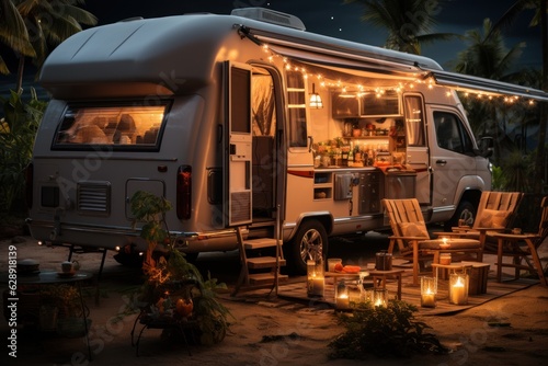 Motorhome in a vegetable garden with coconut trees, grills and fairy lights.