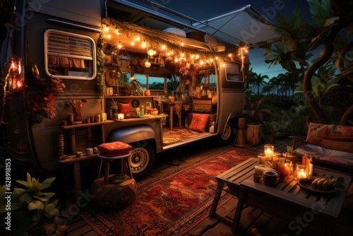Motorhome in a vegetable garden with coconut trees, grills and fairy lights. © sirisakboakaew