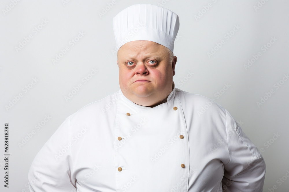 A portrait of a middle aged man with Down syndrome who is a cook on white background. Generated Ai A portrait of a middle aged man with Down syndrome who is a cook on white background. Generated Ai