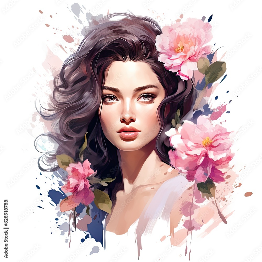 A watercolor floral portrait of a young woman illustration generative AI