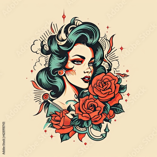 A vintage tattoo flash illustration of an attractive woman and roses with bold outlines and colors generative AI