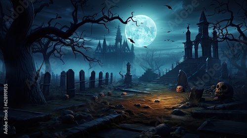 Dark and mysterious Halloween illustration featuring a haunted castle surrounded by fog and eerie moonlight. Spooky bats fly overhead as a ghostly figure lurks in shadows. Concept of fear and evil.