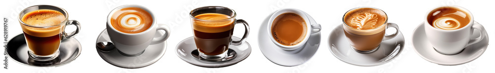 coffee cup set with different color hot drink. Black coffee, cappuccino, espresso, macchiato, mocha side view on transparent background coffee cup set with different color hot drink. Black coffee, cappuccino, espresso, macchiato, mocha side view on transparent background