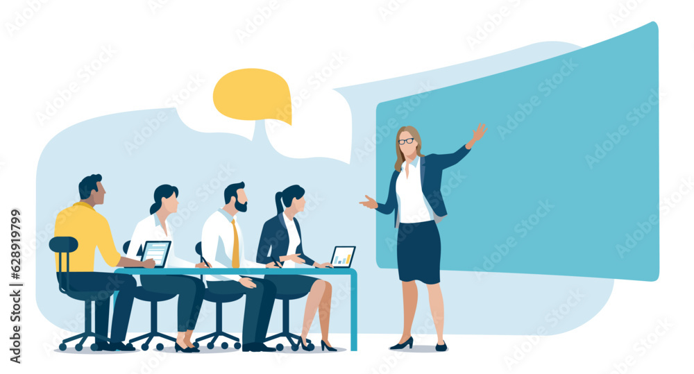 Education, presentation. Female teacher is giving a lecture. The team listens to the teacher. Vector illustration. 