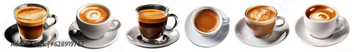 coffee cup set with different color hot drink. Black coffee, cappuccino, espresso, macchiato, mocha side view on transparent background