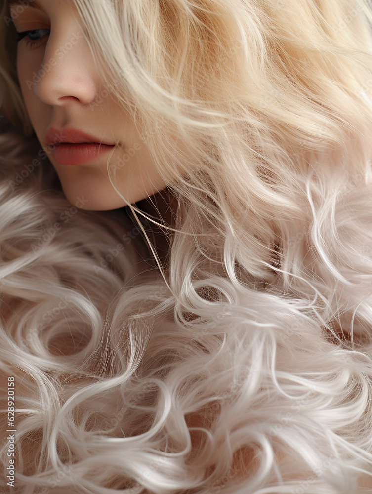 Coloriertes Haar in blond Tönen mit strähnen und wellen für Perücken und Haar Färbemittel Nahaufnahme, ai generativ Coloriertes Haar in blond Tönen mit strähnen und wellen für Perücken und Haar Färbemittel Nahaufnahme, ai generativ