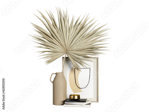 Dried leaf and decor in vase on white background 