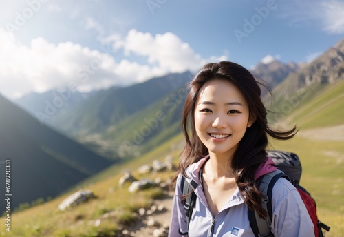 Beautiful smile attractive asian women in mountain hiking