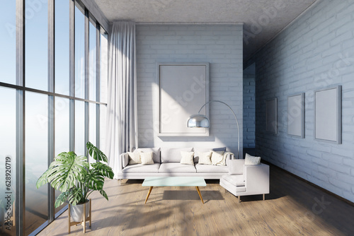 luxurious loft apartment with window  minimalistic interior living room design  3D Illustration