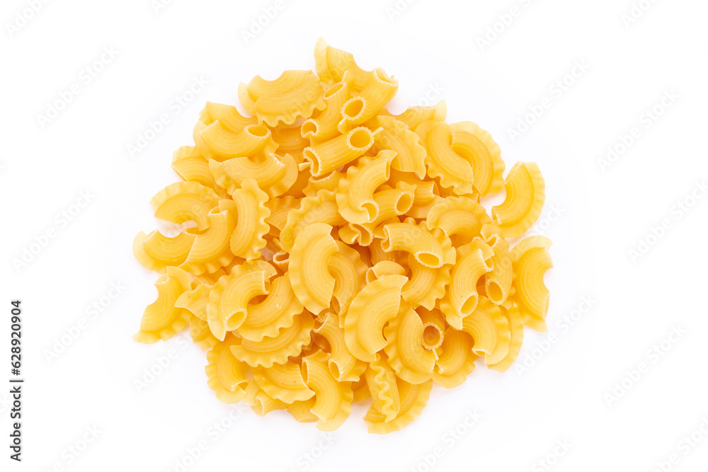 Dried macaroni cockerel scallops. Heap of pasta on white background. Dried macaroni cockerel scallops. Heap of pasta on white background.
