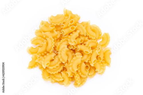 Dried macaroni cockerel scallops. Heap of pasta on white background.
