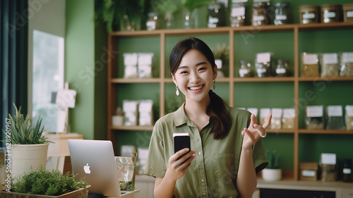 retail store owner Live broadcasting on the phone, Eco Care plastic free packaging box, young Asian woman recording video on tiktok IG reel instagram. generative AI