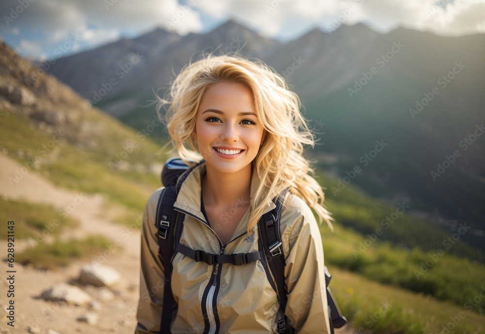 Beautiful smile attractive blonde women in mountain hiking