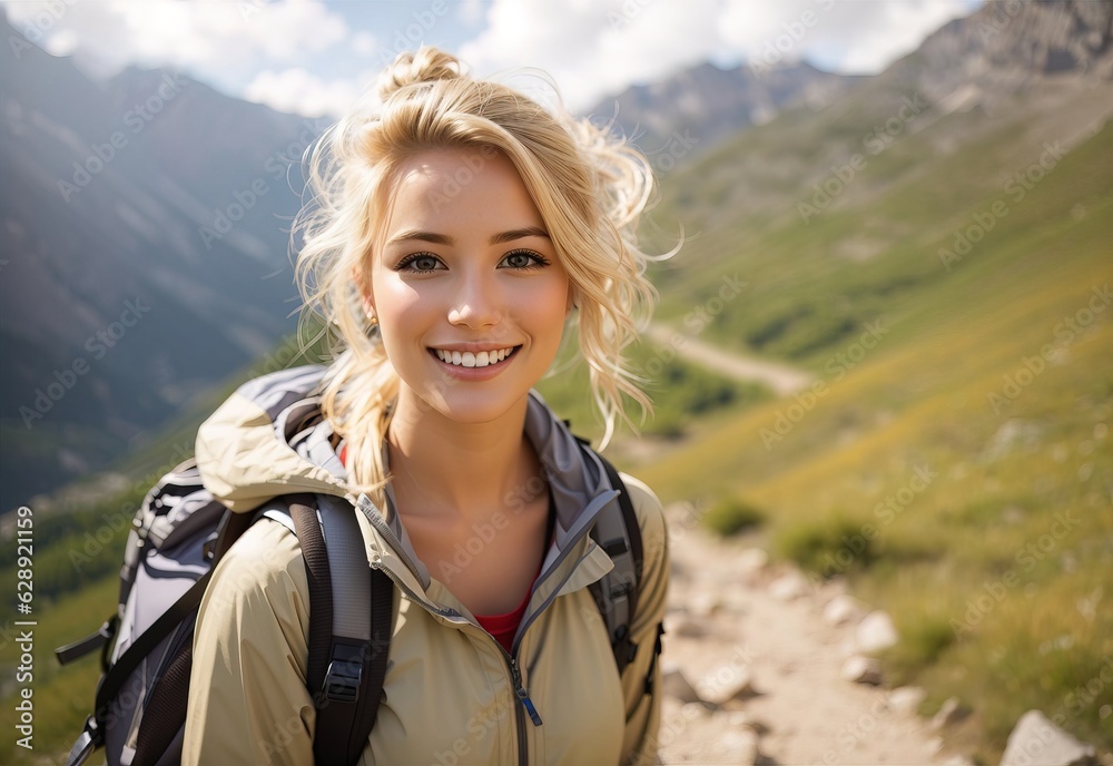 Beautiful smile attractive blonde women in mountain hiking