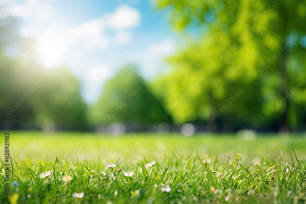 Beautiful blurred background image of summer nature with a neatly trimmed lawn surrounded by trees