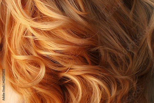 Coloriertes Haar in Kupfer Farbe mit strähnen und wellen für Perücken und Haar Färbemittel Nahaufnahme, ai generativ