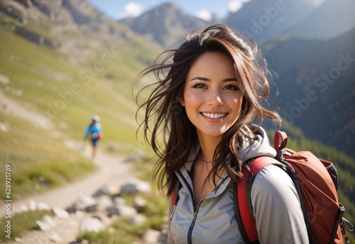 Beautiful smile attractive brunette women in mountain hiking