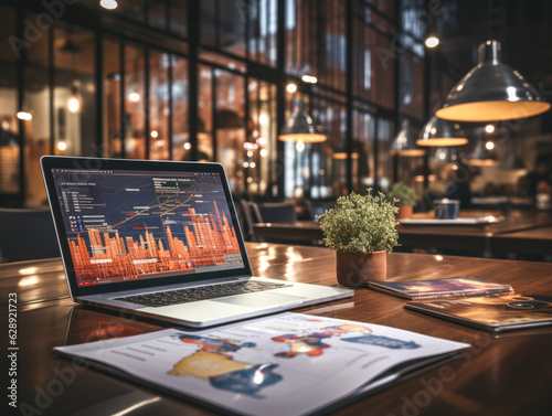 Business documents, a laptop computer, and a smart phone on the office table, with a financial graph and . Generative AI..