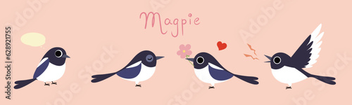 Birds send flowers to show love. Cartoon magpie bird vector illustration.