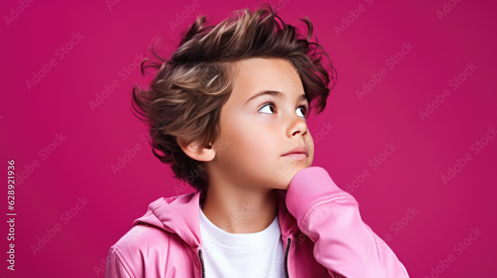 Thoughtful child on pink background looking away. Thoughtful child on pink background looking away.