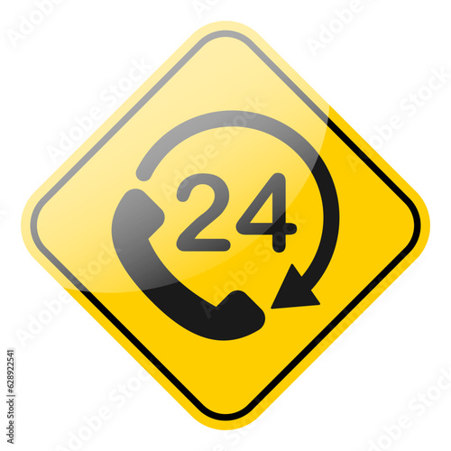 Vector Illustration of a bold yellow number 24 sign with a phone icon against a white background photo