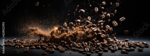 Foto Roasted coffee beans fall on a pile of beans.