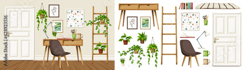 Scandinavian room interior design with a desk, a ladder, and houseplants. Home office interior design. Furniture set. Interior constructor. Cartoon vector illustration