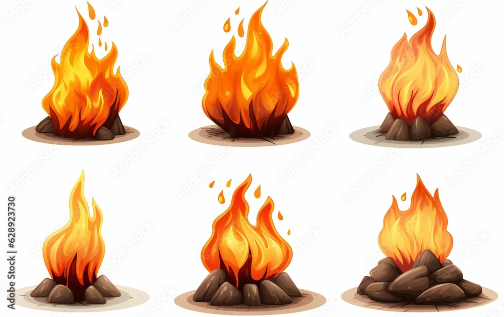 Digital illustration of a set of campfire icons on a white background Digital illustration of a set of campfire icons on a white background