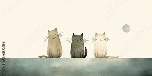 Naklejka na ścianę AI Generated. AI Generative. Vintage retro kids cartoon character cats sitting at moon and howling at night. Can be used for home decoration poster