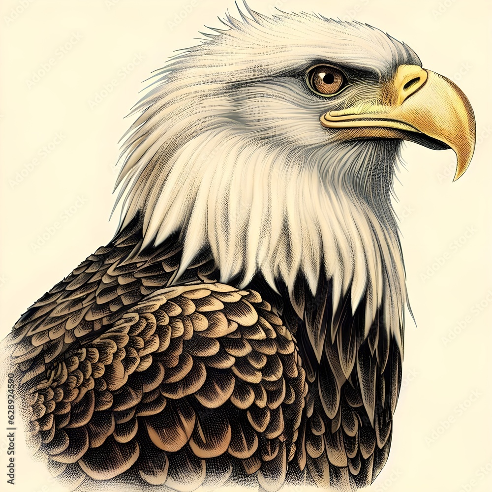 Obraz premium Portrait of a Bald Eagle Realistic Digital Drawing isolated on a white backgorund Generative AI
