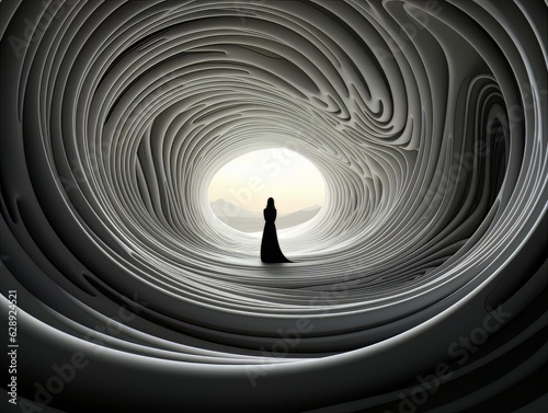 Abstract minimalistic interior black and white tunnel and silhouette of a woman in it. AI