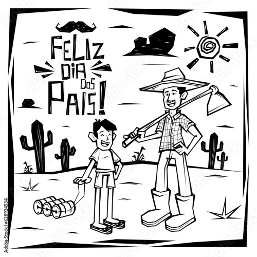 Xilogravura - Pai e Filho. Ilustração estilo cordel. Tema de Feliz dia dos Pais
