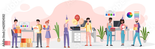 Birthday party in office flat vector illustration. Workers organize holiday, congratulate boss. Interaction, entertainment at workplace. Business team celebrate giving gifts and cake to colleague
