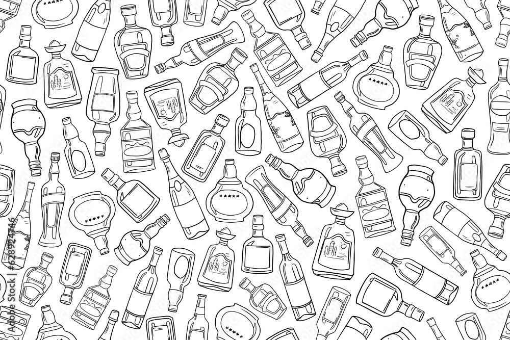 Seamless pattern of alcohol bottles in doodle style. Alcohol drinks. Great for bar menu, drink menu, banner, print. Vector illustration EPS10. Isolated on blue background Seamless pattern of alcohol bottles in doodle style. Alcohol drinks. Great for bar menu, drink menu, banner, print. Vector illustration EPS10. Isolated on blue background