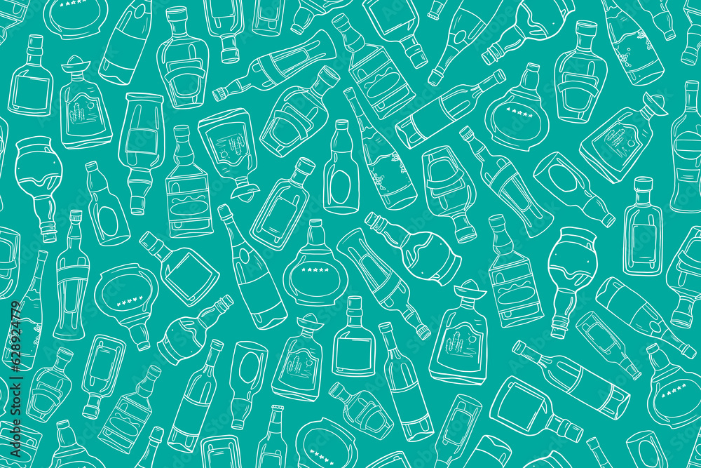 Trendy seamless pattern of alcohol bottles. Alcohol drinks. Great for bar menu, drink menu, banner, print. Doodle style. Vector illustration EPS10. Isolated on blue background Trendy seamless pattern of alcohol bottles. Alcohol drinks. Great for bar menu, drink menu, banner, print. Doodle style. Vector illustration EPS10. Isolated on blue background